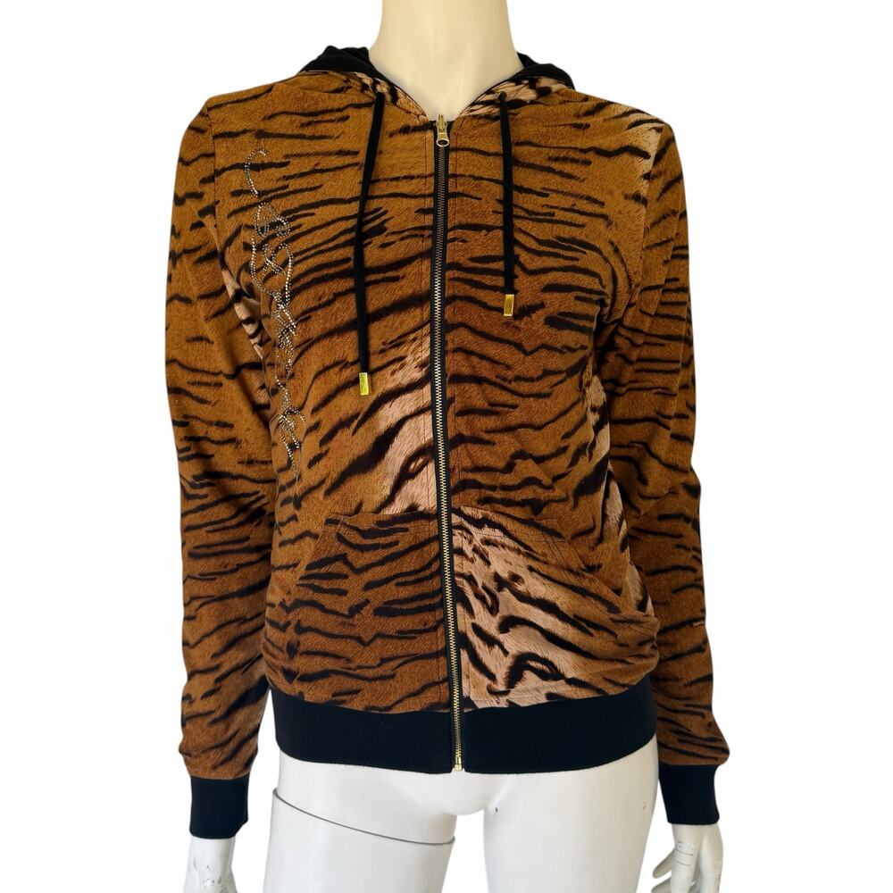 ED HARDY Vintage SKULL CRYSTAL tiger reversible weed leaf HOODIE y2K bling sz S